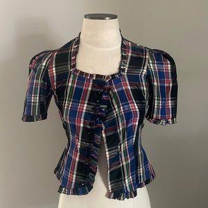 Vintage 1940’s/1950’s Black Plaid Tartan Taffetta Blouse with Ruffles & Buttons